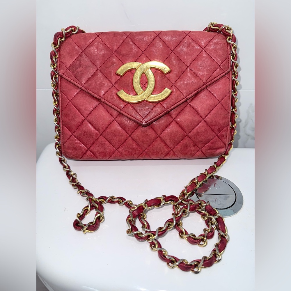 Chanel Vintage CC RED Classic Flap Quilted Mini Square Matelasse Bag Authentic
